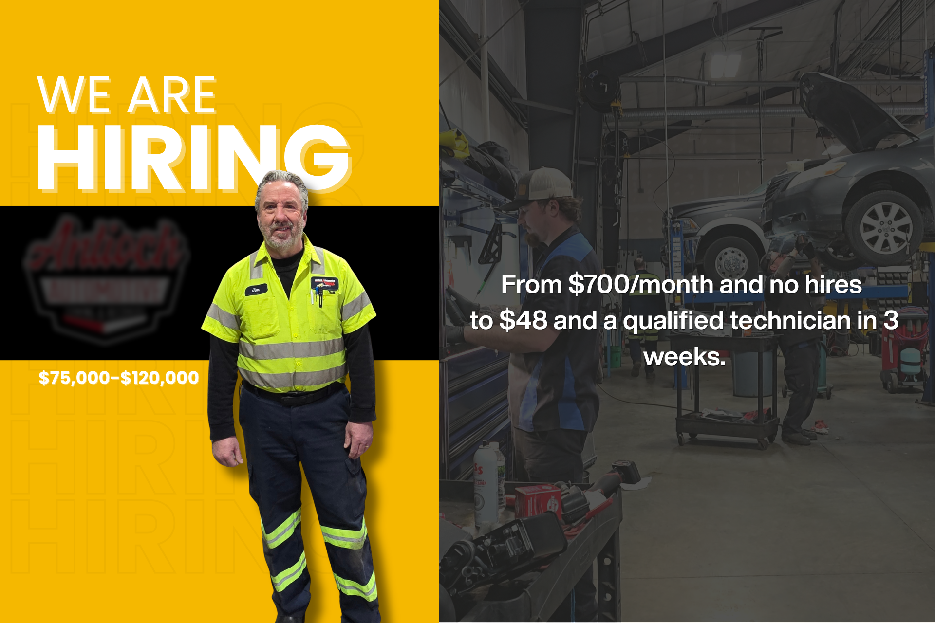 Automotive hiring ad showing reduced recruiting cost and successful technician hire in 3 weeks