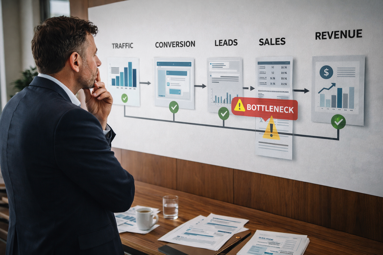 Business leader identifying the stage where revenue flow is breaking down