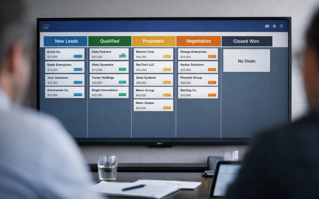 Sales pipeline dashboard filled with leads and proposals, but with almost no closed deals.
