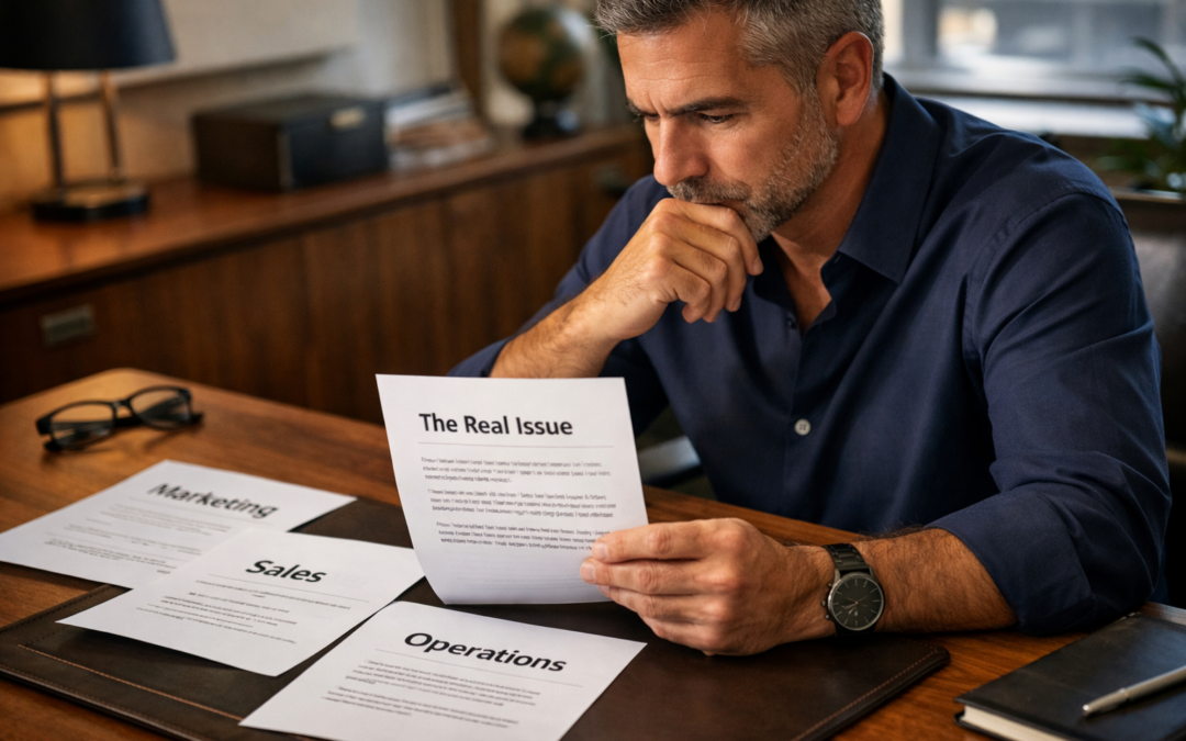Business owner reviewing documents across marketing, sales, and operations while identifying the real issue limiting revenue growth