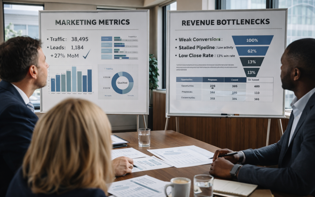 Leadership team comparing healthy marketing activity with a deeper revenue bottleneck