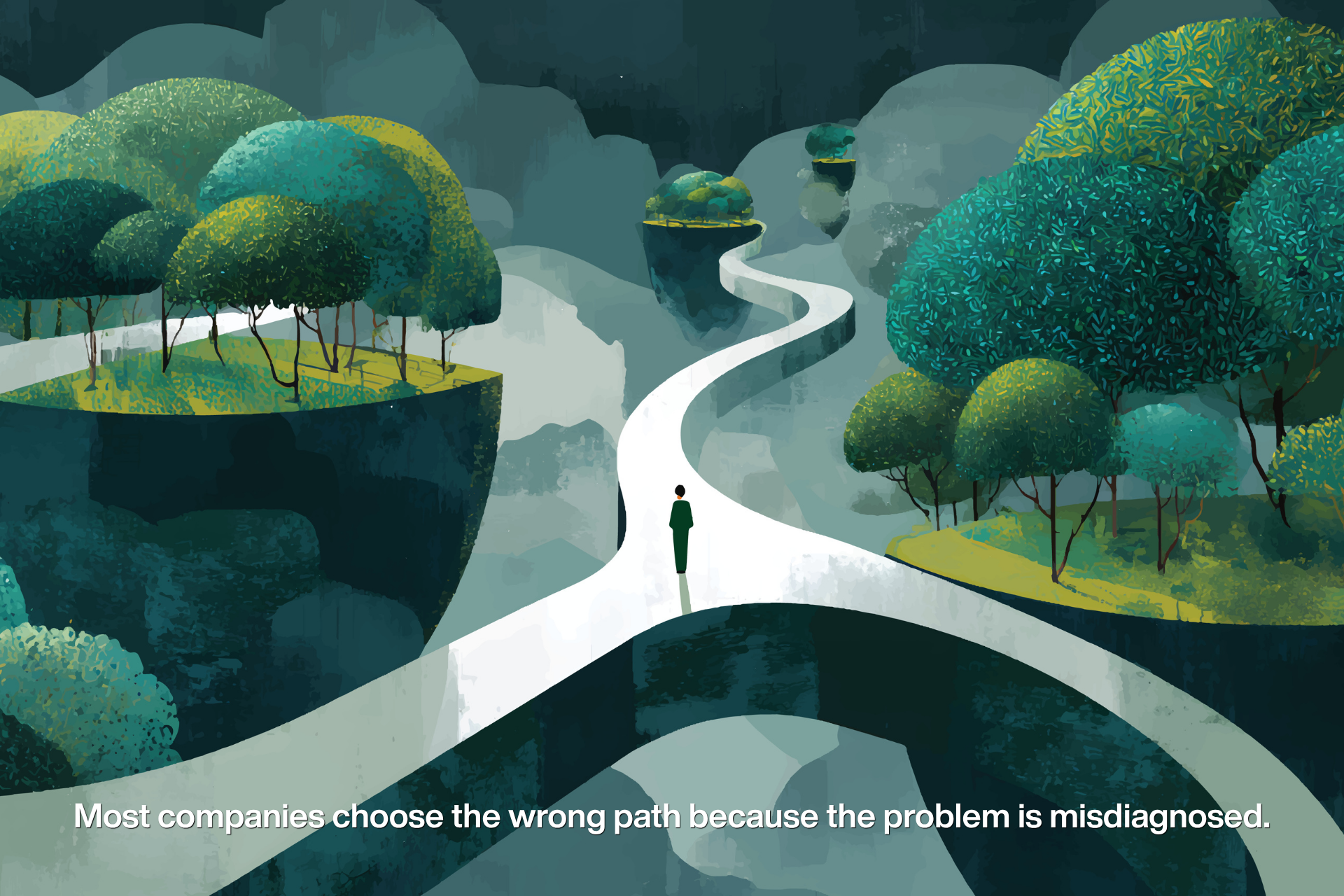Business decision fork in the road illustrating misdiagnosed problems leading to the wrong growth strategy