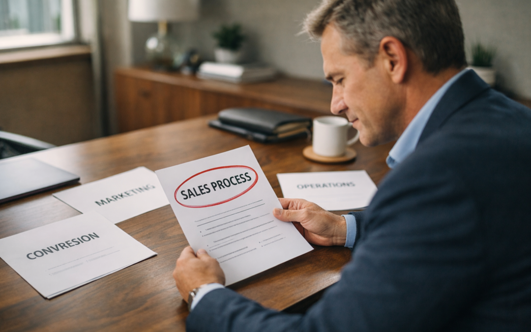 Business owner focusing on one key document representing the revenue bottleneck while other business areas are set aside