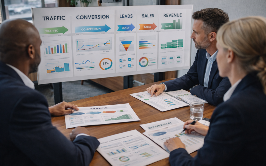 Leadership team reviewing an aligned revenue system with healthy flow from traffic to revenue