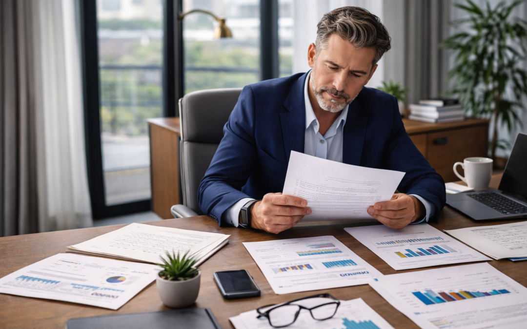 Business owner reviewing agency proposals alongside revenue and conversion reports before hiring a new marketing partner