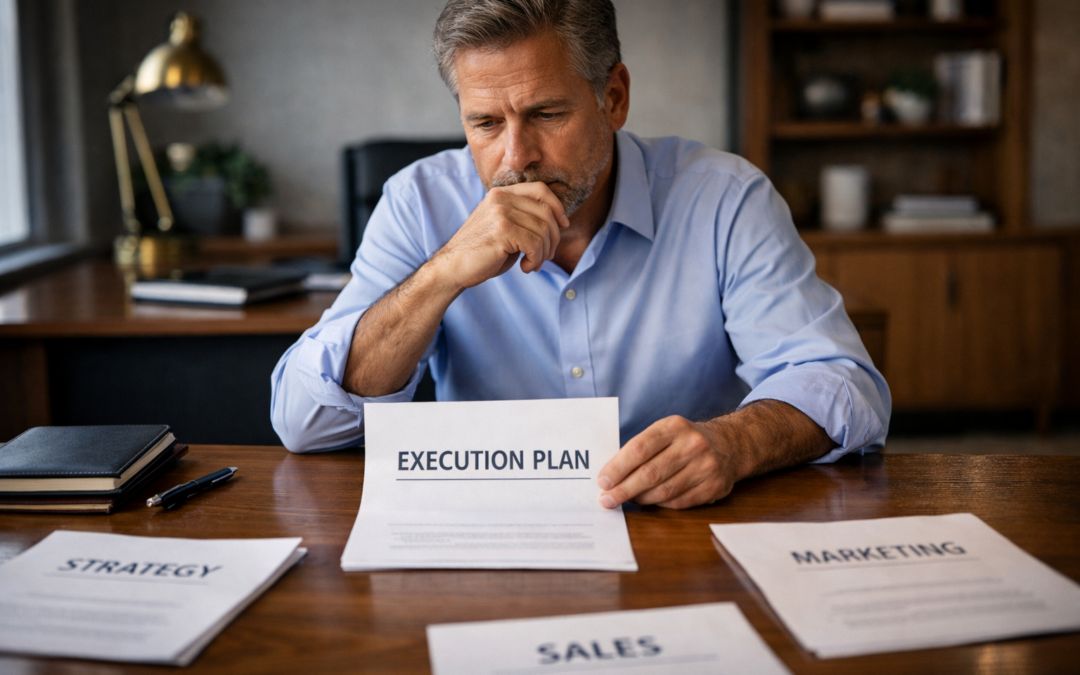 Business owner reviewing an execution plan while evaluating strategy, sales, and marketing documents to identify why growth is stalled