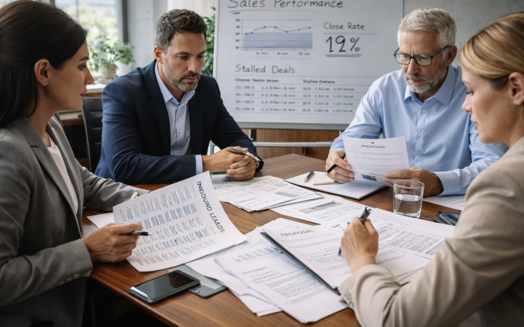 Sales team reviewing leads and proposals while weak close rates limit revenue growth