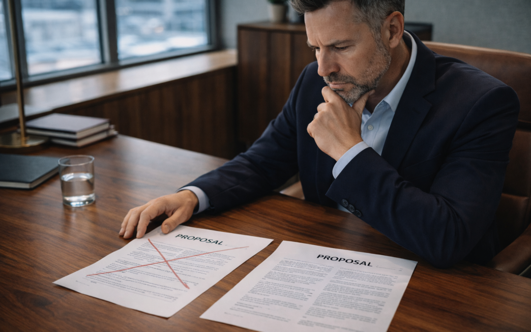 Business owner evaluating marketing proposals and realizing the strategy may not address the real revenue problem