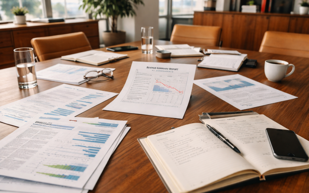 Conference table covered with lead reports, proposals, and sales notes, centered around a revenue report showing weak performance.