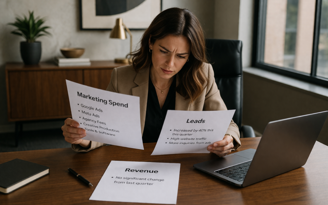 Female business owner reviewing marketing spend and revenue reports, realizing increased marketing activity is not improving business results