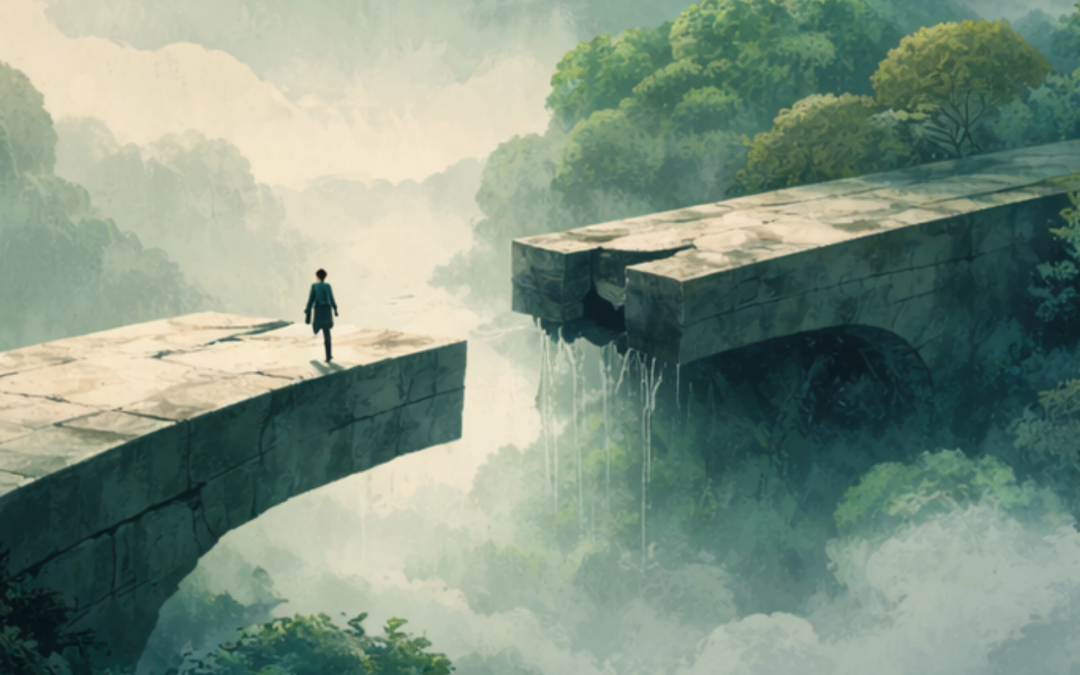 Broken bridge with a gap and a person standing at the edge, symbolizing a breakdown between traffic and sales conversion