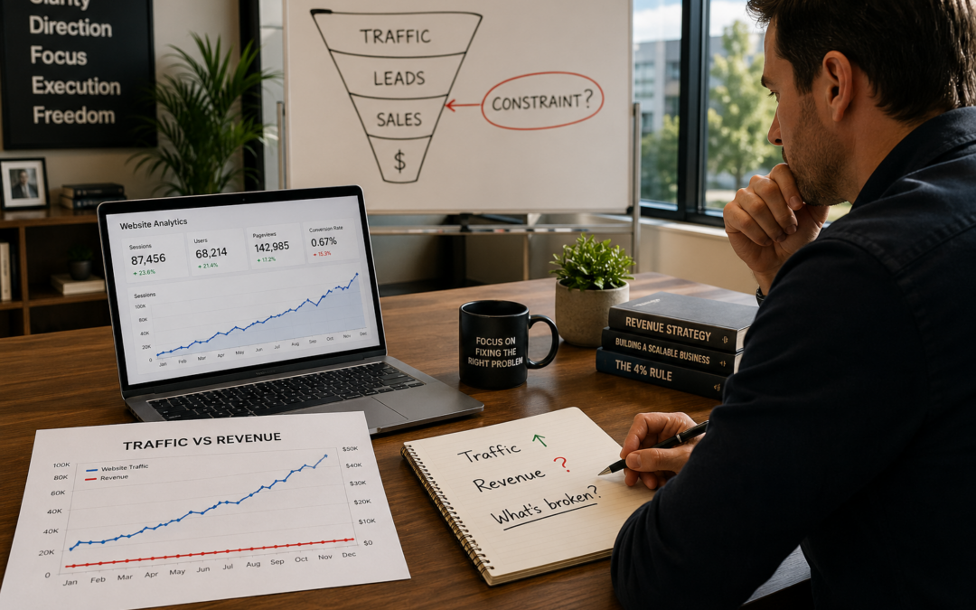 Business owner reviewing analytics showing increasing website traffic but flat revenue, identifying a constraint in the sales funnel