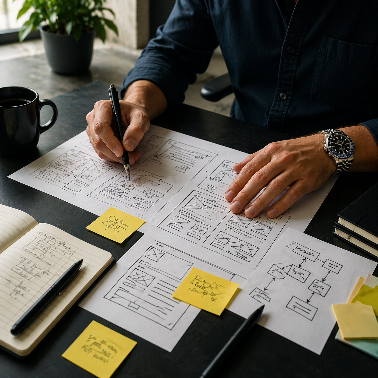 Business owner sketching website wireframes and mapping user flow to improve conversion and decision-making